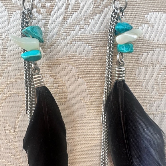 Turquoise and Black Feather Earrings - Picture 4 of 7